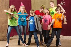 A youth theater group in bright tees and stage props
